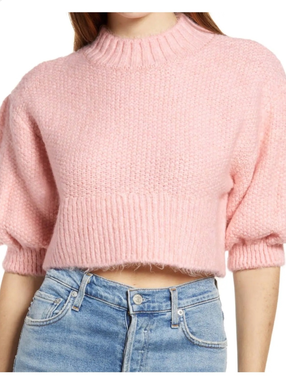 Topshop Cropped Balloon Sleeve Sweater - Light Pink